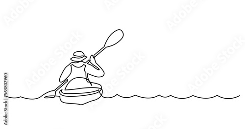 continuous line drawing vector illustration with FULLY EDITABLE STROKE of of man exercising kayaking on beautiful river waters