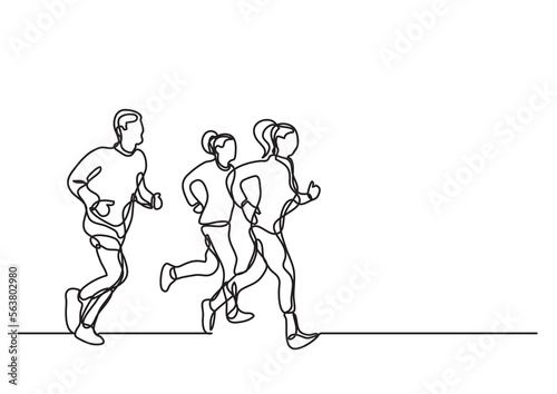 continuous line drawing vector illustration with FULLY EDITABLE STROKE of three runners