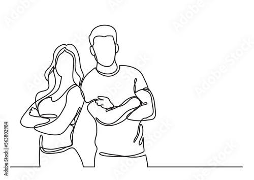 continuous line drawing vector illustration with FULLY EDITABLE STROKE of two standing fitness instructors