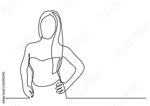 continuous line drawing vector illustration with FULLY EDITABLE STROKE of woman in fashion dress