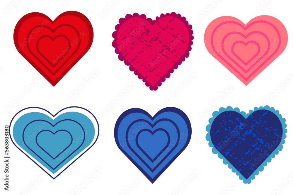 Set of red, pink and blue hearts. Hearts with different design. Love retro vintage icon sticker set. Valentine's day illustration vector. Set of red, pink and blue hearts. Hearts with different design. Love retro vintage icon sticker set. Valentine's day illustration vector.