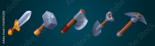 Axe, sword, pick, hammer and shovel for ui game design. Icons of old viking or knight weapon and miner tools isolated on background, vector cartoon illustration
