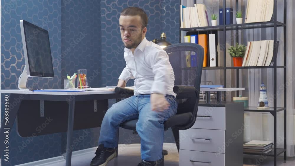 Disabled midget man unhappy with his job.
Disabled dwarf man gets up from his computer and looks around, unhappy.
Disabled midget man unhappy with his job.
Disabled dwarf man gets up from his computer and looks around, unhappy.