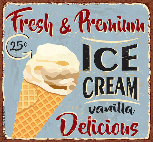 Vintage Ice Cream metal sign.Retro poster 1950s style.