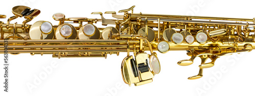 Принти на полотні Saxophone mechanics at the left border of a black background