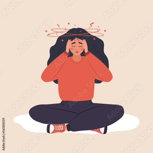 Iron deficiency anemia. Sad woman with dizziness sitting on floor. Unhappy girl suffers from vertigo and headache and needs medical help. Low hemoglobin. Vector illustration in flat cartoon style. photo