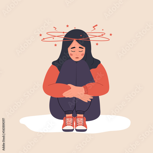 Anemia concept. Sad arabic woman with dizziness sitting on floor. Unhappy girl suffers from vertigo and headache and needs medical help. Disease symptom. Vector illustration in flat cartoon style.