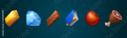 Game icons of resources with wood board, food, gold, book and diamond. Game loot and materials, meat, apple, crystal and golden ingot, vector cartoon set isolated on background