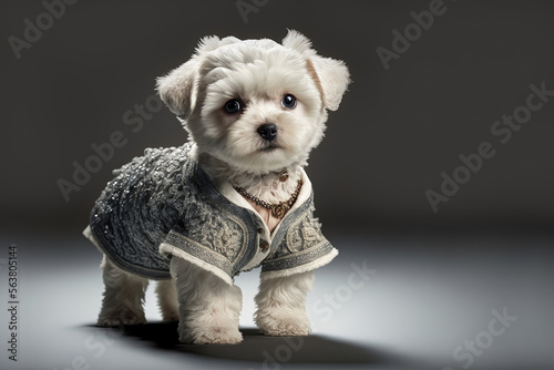 Portrait of puppy in a fashion suit, Dog dressed with Victorian stile in a fancy dress. Fashion parade. Digital art painting