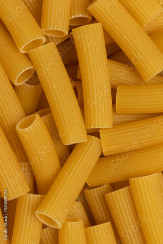 Rigatoni. Tube-shaped italian pasta. Close-up.