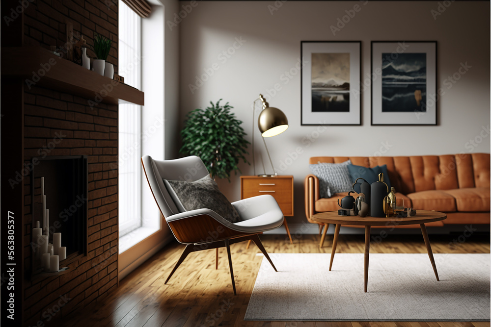 Fototapeta premium modern design living room wooden minimalist vintage. Generative AI