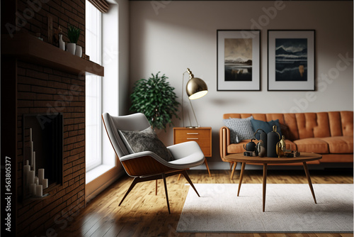 modern design living room wooden minimalist vintage. Generative AI