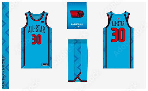Basketball uniform mockup template design for basketball club. Basketball jersey, basketball shorts in front and back view. Basketball logo design.