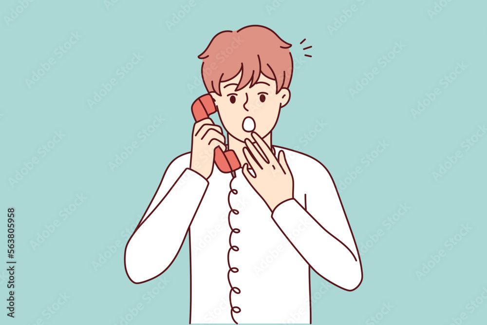 Frightened man holding telephone receiver near ear feel fear after telephone threats. Discouraged guy covers open mouth with hand after learning about college dropout. Flat vector illustration