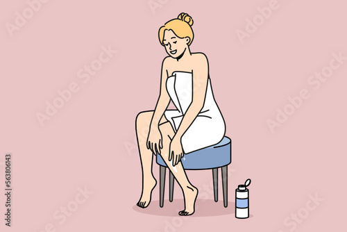 Smiling young woman in towel after shower put lotion on legs. Happy girl enjoy beauty procedures apply balm on body. Wellness concept. Vector illustration.