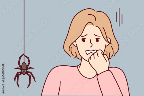 Frightened woman puts hand to face when sees large spider descending from ceiling along web. Young girl experiences arachnophobia after seeing insect and is afraid of being bitten. Flat vector image