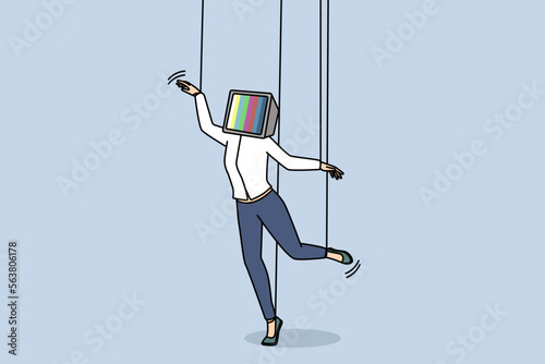 Unhappy young woman with TV on head and hands on ropes feeling manipulated. Girl manipulation with media and television. Vector illustration. 