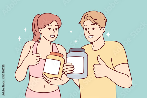 Slim man and woman demonstrating jars for sports supplements and showing thumbs up. Guy and girl trainers from fitness club recommend purchasing specialized nutrition for athletes. Flat vector design 