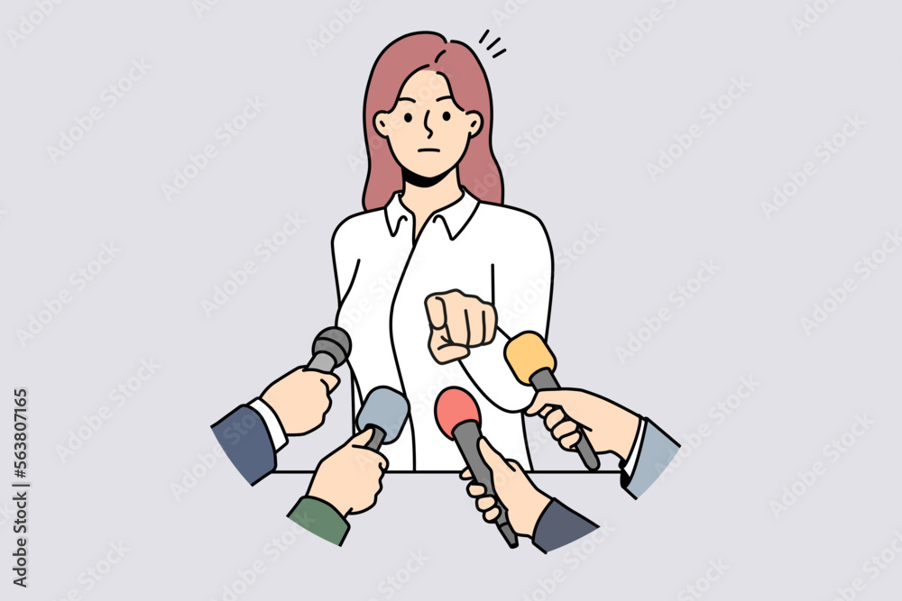 Furious businesswoman talk in microphones at conference point at journalist or reporter. Mad female politician distressed talking at event. Vector illustration. 