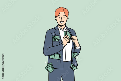 Wealthy businessman with money in all pockets show success. Smiling male employee with banknotes in suit feel successful and rich. Vector illustration. 