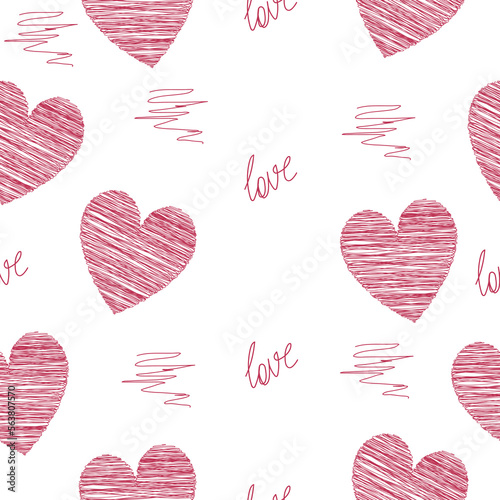 Seamless pattern for Valentine's Day with hatched hearts. Modern romantic design for paper, textile, cover, fabric, interior decor and other users.