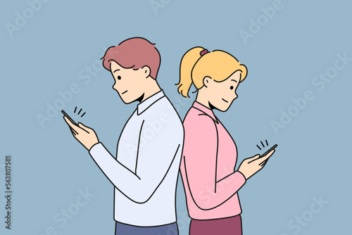 Couple standing back to back texting on cellphones online. Man and woman avoid each other using smartphones cheating on web. Vector illustration. 