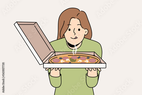 Happy hungry young woman excited about fresh tasty pizza in takeout box. Smiling girl look at delicious Italian fast food in takeaway package. Vector illustration. 