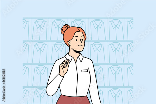 Smiling female consultant working in menswear shop. Happy woman stylist in uniform busy in boutique or store of men fashion. Vector illustration. 