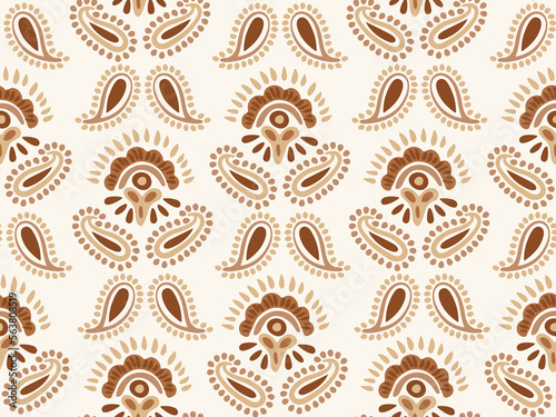 Ethnic hand painted paisley motif in a palette of dark brown, tan brown and beige over off white background. Great for home decor, fabric, wallpaper, stationery, design projects.