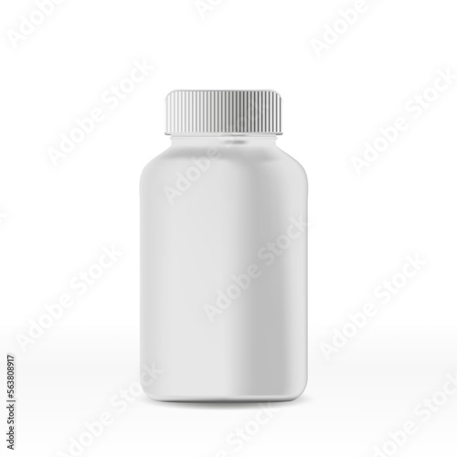 Mocap plastic jars for food additives, capsules. Isolated object on a white background with shadow. 3d realistic vector