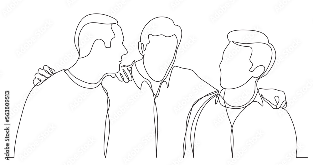 continuous line drawing vector illustration with FULLY EDITABLE STROKE of company of men friendshugging and talking