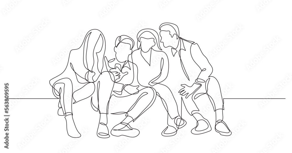 continuous line drawing vector illustration with FULLY EDITABLE STROKE of group of friends talking watching mobile phone