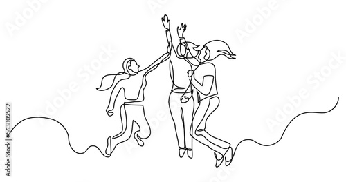 continuous line drawing vector illustration with FULLY EDITABLE STROKE of continuous line drawing of group of happy women jumping giving high five