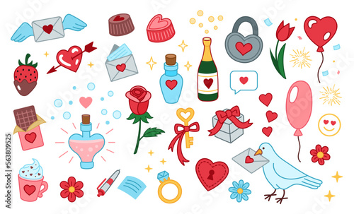 Set of cute vector love illustrations. Valentines day collection. Design elements for valentines day. Romantic doodle vector icons pack. Hand drawn, freehand cartoon style.