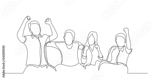 continuous line drawing vector illustration with FULLY EDITABLE STROKE of group of cheering happy friends having fun on sofa