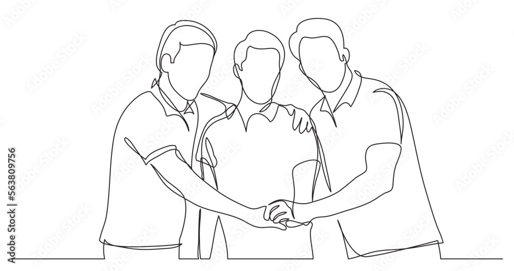continuous line drawing vector illustration with FULLY EDITABLE STROKE of three male friends showing their friendship holding hands