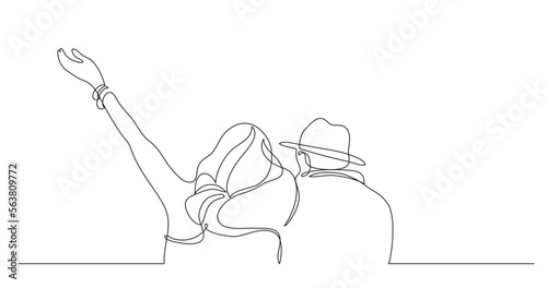 continuous line drawing vector illustration with FULLY EDITABLE STROKE of two carefree young friends having fun