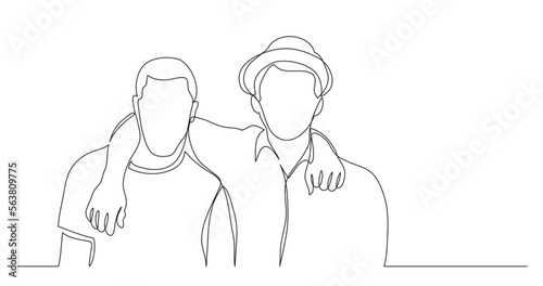 continuous line drawing vector illustration with FULLY EDITABLE STROKE of two hugging friends standing together
