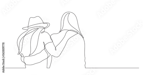 continuous line drawing vector illustration with FULLY EDITABLE STROKE of two standing friends hugging