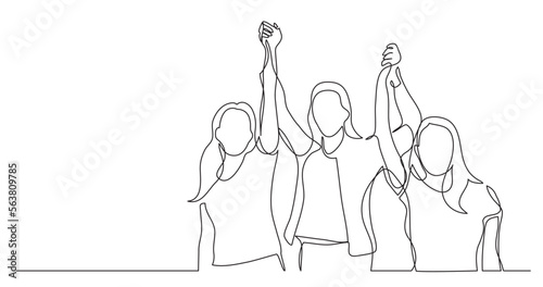 continuous line drawing vector illustration with FULLY EDITABLE STROKE of women team of winners holding hands