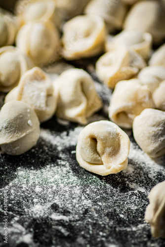 Raw dumplings on the table with flour.