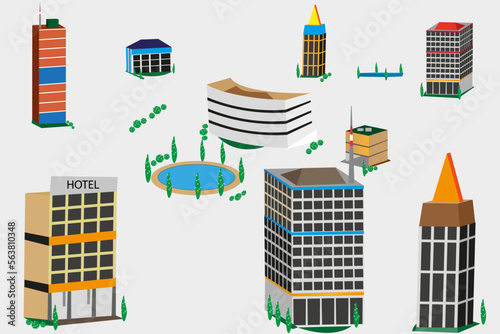 Real Estate Private City Palace Isometric Building. Public Building Luxury Hotel Garden Collection. 3D Skyscrapers Map Illustration Elements Set Game Business Vector