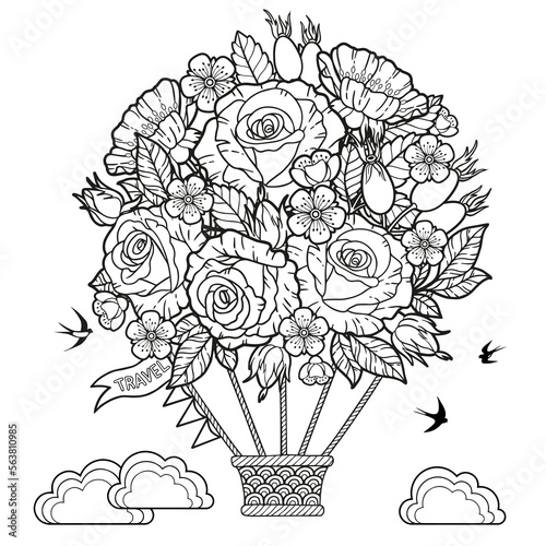 Vector coloring book page for adults. Black and white illustration of Hot air balloon shape made up a lot of made of roses