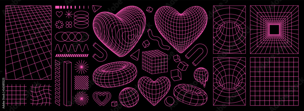 Geometry wireframe shapes and grids in neon pink color. 3D hearts, abstract backgrounds, patterns, cyberpunk elements in trendy psychedelic rave style. 00s Y2k retro futuristic aesthetic. - obrazy, fototapety, plakaty 