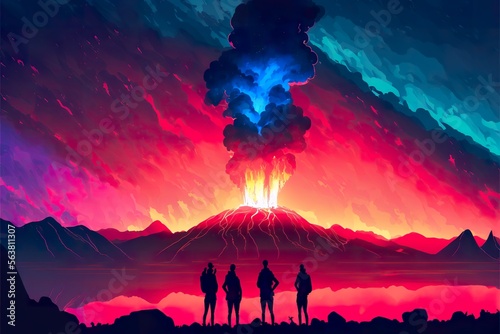 Silhouette of a group of people in front of an erupting volcano Fototapeta