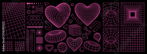 Naklejka Geometry wireframe shapes and grids in neon pink color. 3D hearts, abstract backgrounds, patterns, cyberpunk elements in trendy psychedelic rave style. 00s Y2k retro futuristic aesthetic.