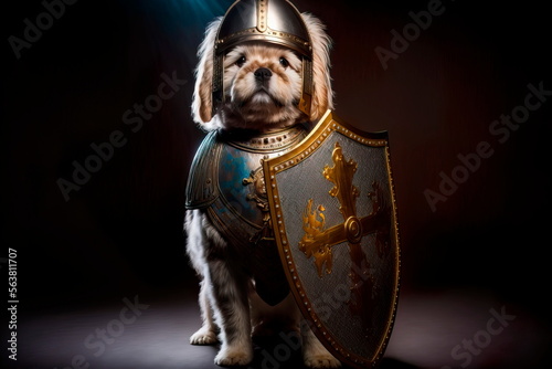Dog character concept with shield and sword in ancient ages Generative AI