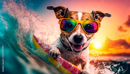 Funny surfer dog has fun riding Generative AI photo