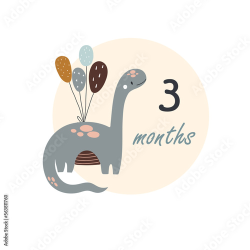 3 three months Baby month anniversary card metrics. Baby shower print with cute animal dino, flowers and palm capturing all special moments. Baby milestone card for newborn.