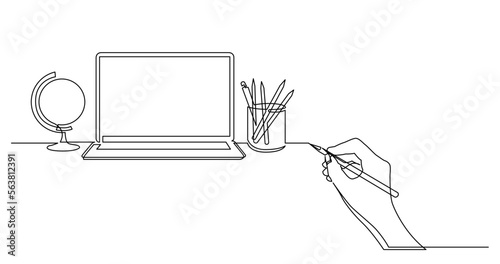 continuous line drawing vector illustration with FULLY EDITABLE STROKE of business concept sketch of globe laptop computer and pencils